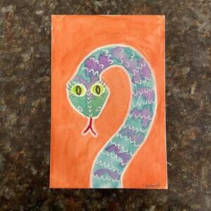 Handmade original watercolor painting whimsical snake 4x6”